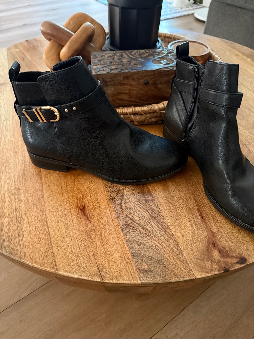 Kelly & Katie Black Leather Ankle Booties with Gold Buckle Accent